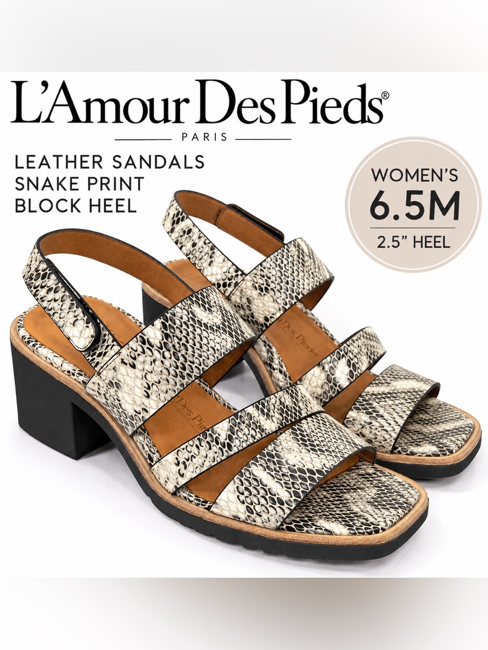 L’Amour Des Pieds Sandals Women 6.5M Snake Print Leather Block Heel Comfort